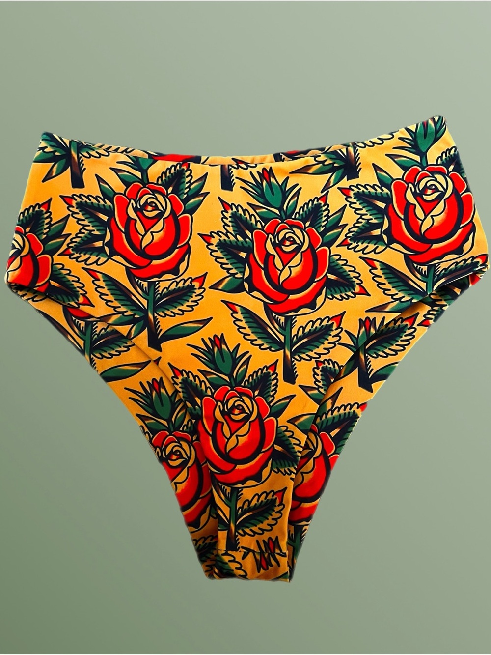 High-Waist & Cheeky Rose Tattoo Bikini Bottoms in Mustard Yellow and Red